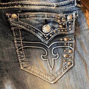 Rock Revival Women's Flare Jeans with Studded Back Pocket - Washed Blue